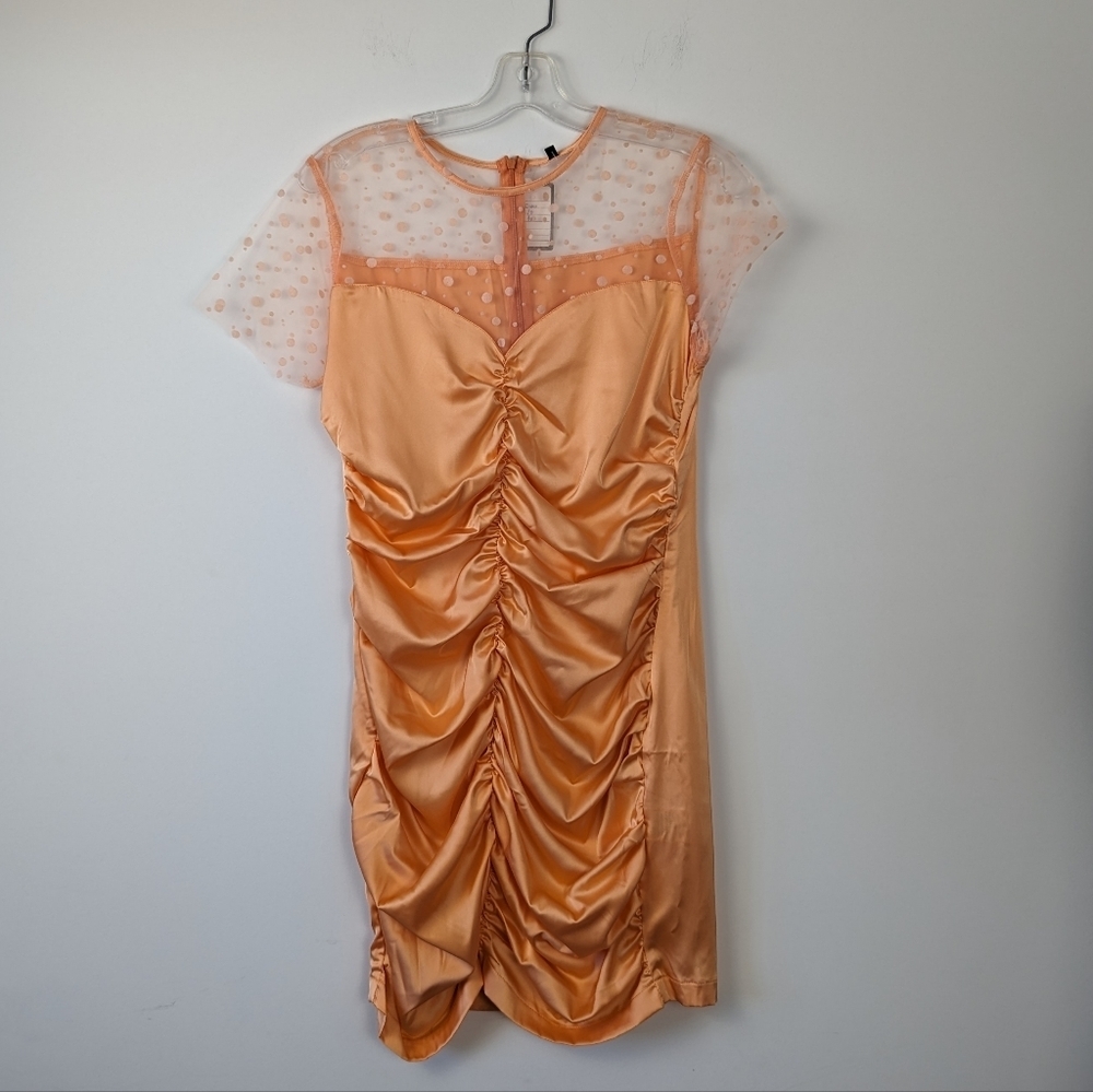 Women's Peach Polka Dot Mesh Detail Dress - L